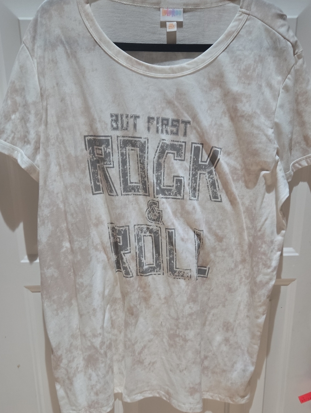 LuLaRoe "Liv" White Tie-Dye "But First Rock & Roll" Graphic Tee